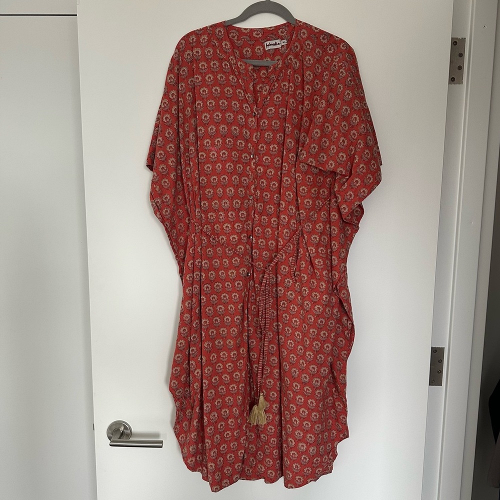 FabIndia Red Cotton Boho Kaftan Dress – M/L (Adjustable Fit)